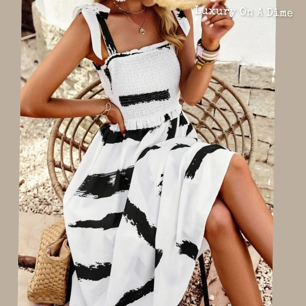 Contrast Paintbrush White Black Sleeveless Smocked Bodice Summer Midi Dress_2